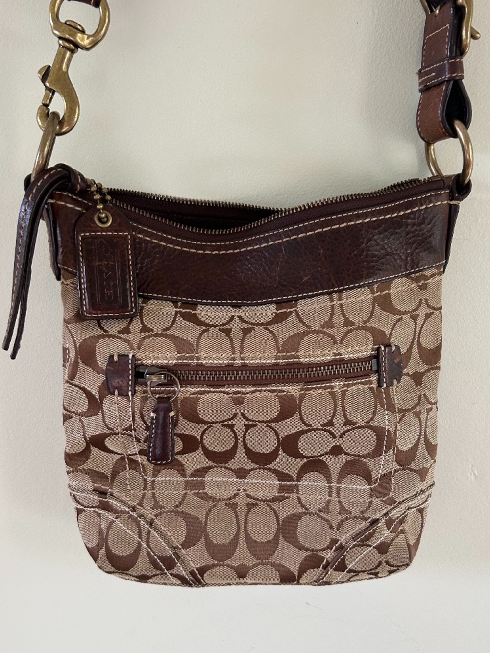 Coach Signature Tan and Brown Canvas Y2K Crossbody Bag With Leather Trim